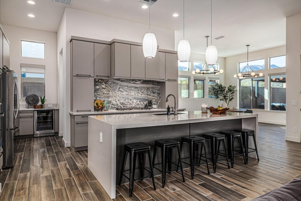 massive waterfall island in a luxury kitchen